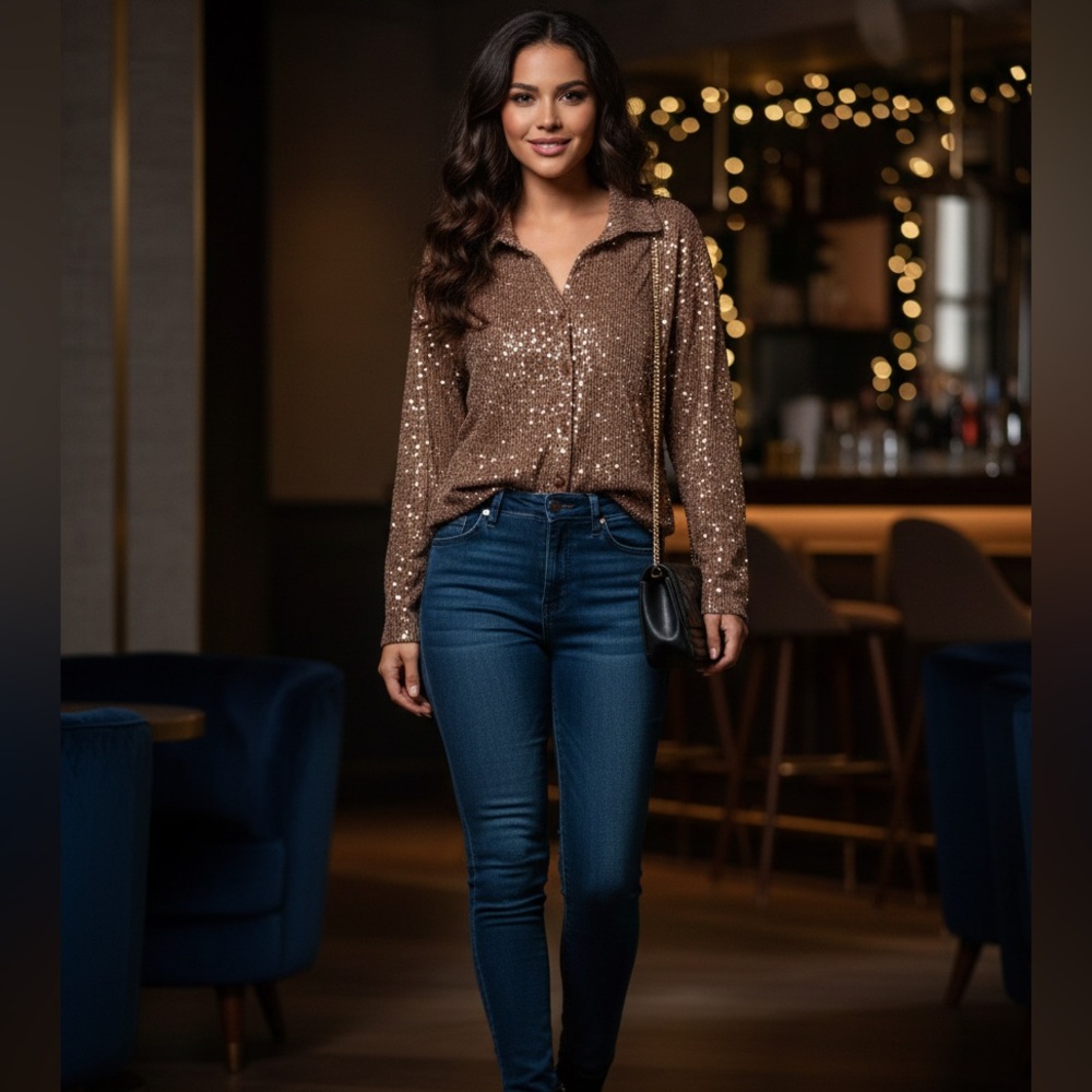 Francesca’s Brown Bronze Sequin Button Down Blouse Top Small - Holiday NYE